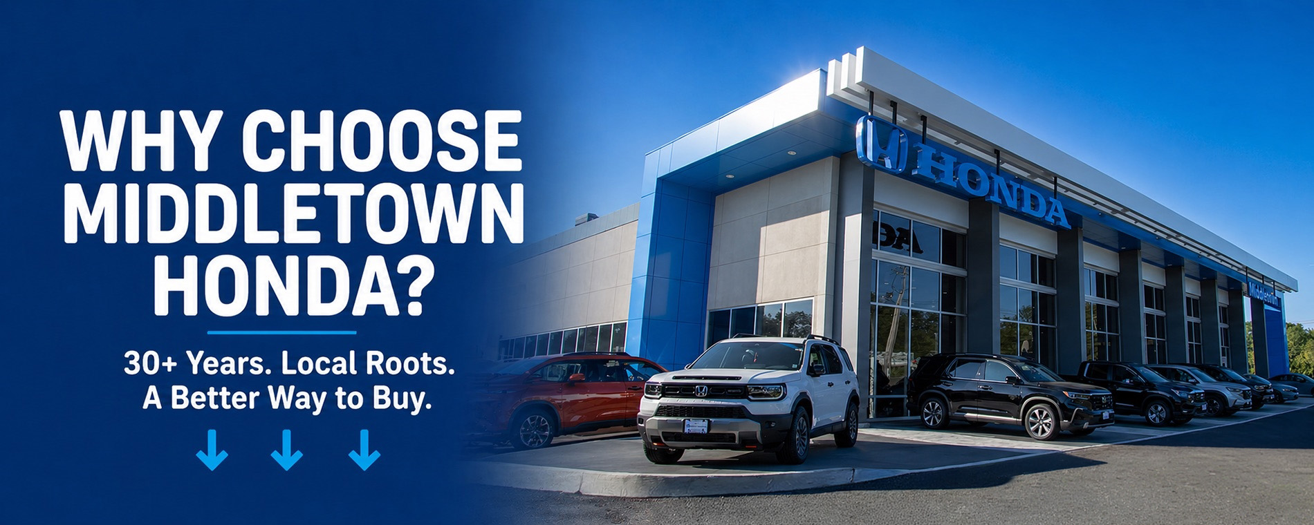 Middletown Honda dealership banner featuring the actual Route 211 East showroom exterior with bold “Why Choose Middletown Honda?” messaging, 30+ years and local roots trust-focused headline, blue gradient brand styling, and modern wide-format Honda dealership design.