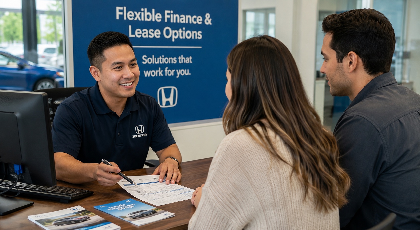 Honda finance specialist reviewing lease and financing paperwork with a couple inside a modern dealership showroom, discussing payment options and trade-in solutions at a desk with Honda branding in the background.