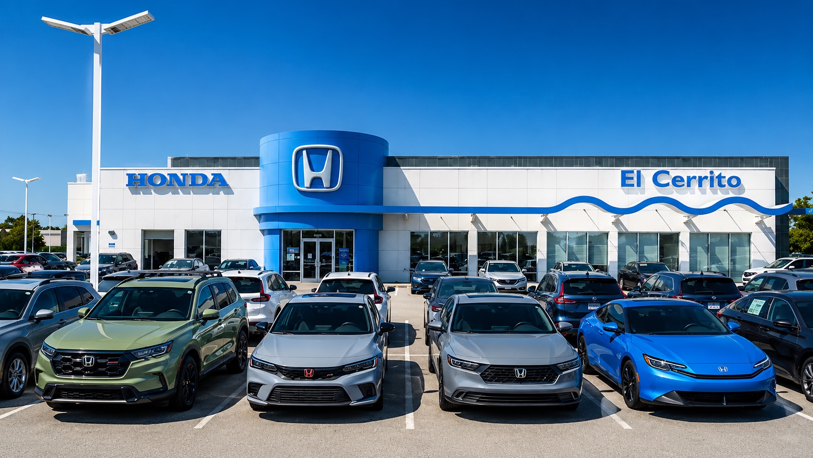 Front exterior photo of El Cerrito Honda dealership on a clear sunny day, featuring the modern Honda showroom with blue Honda branding, multiple new Honda vehicles parked in front including SUVs and sedans, and a bright blue sky above.