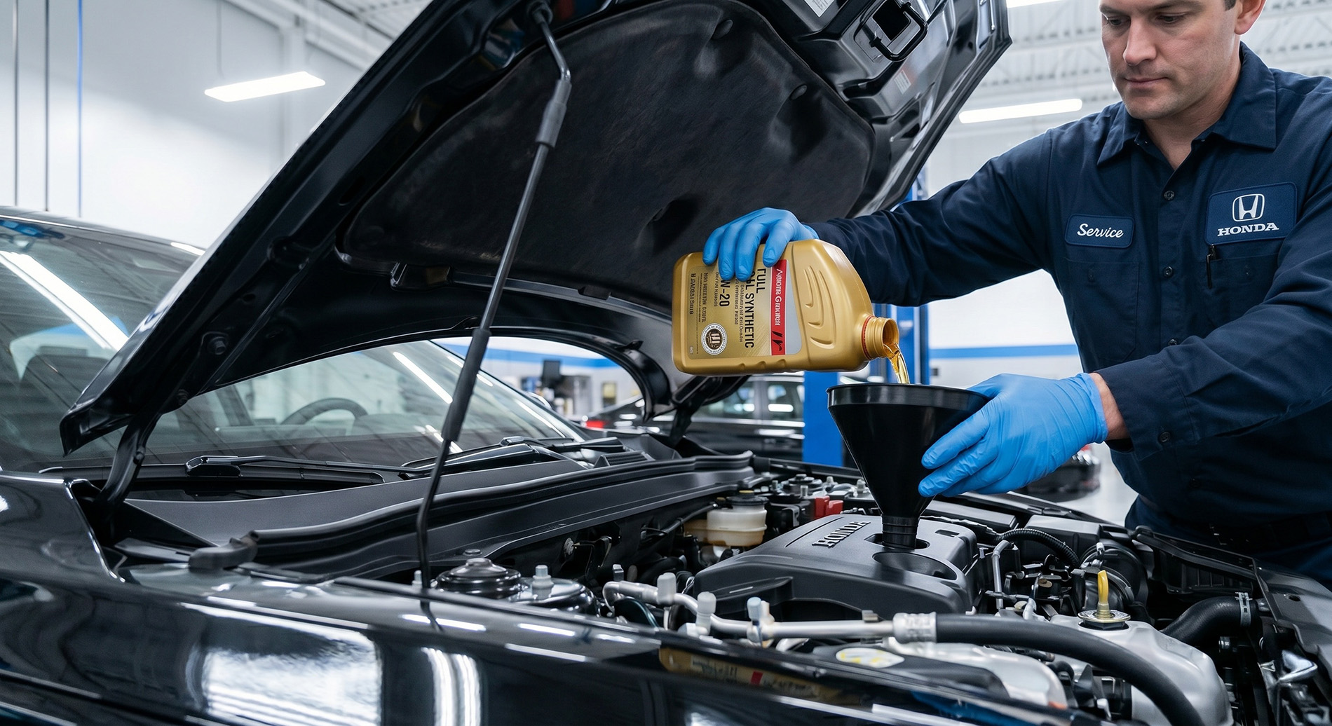 Honda service technician performing a full synthetic oil change inside a clean dealership service bay, pouring motor oil into a glossy black Honda engine using a funnel while wearing blue nitrile gloves and a Honda-branded uniform.