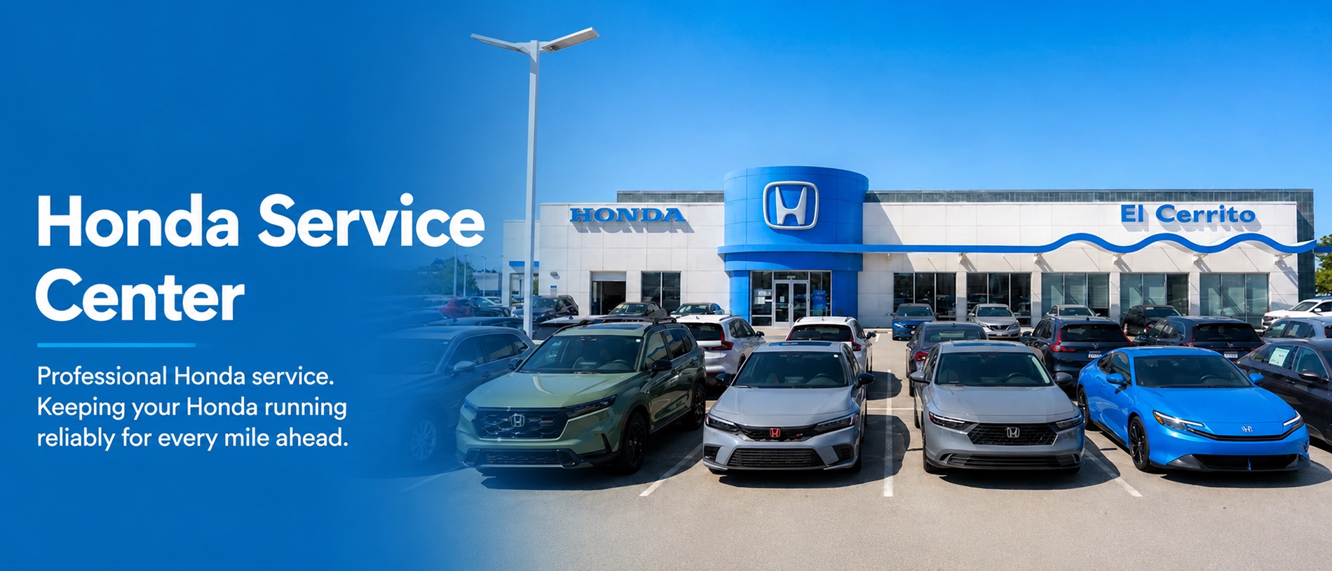 Honda Service Center banner for El Cerrito Honda featuring the dealership exterior under clear blue skies with multiple new Honda vehicles parked in front. Blue gradient overlay on the left side with white text reading “Honda Service Center” and supporting service-focused messaging about maintenance and repairs at El Cerrito Honda.