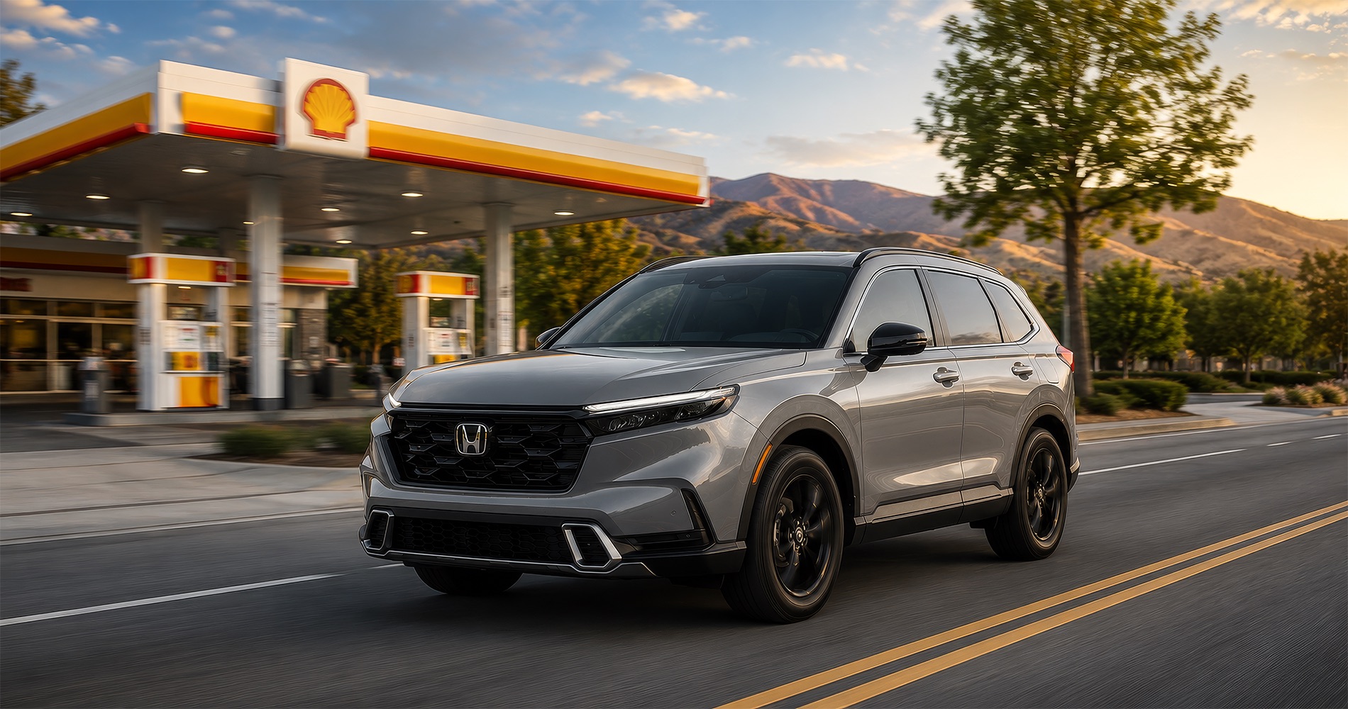 Silver Honda CR-V driving past a Shell gas station at sunset with mountain views and tree-lined streets in the background.