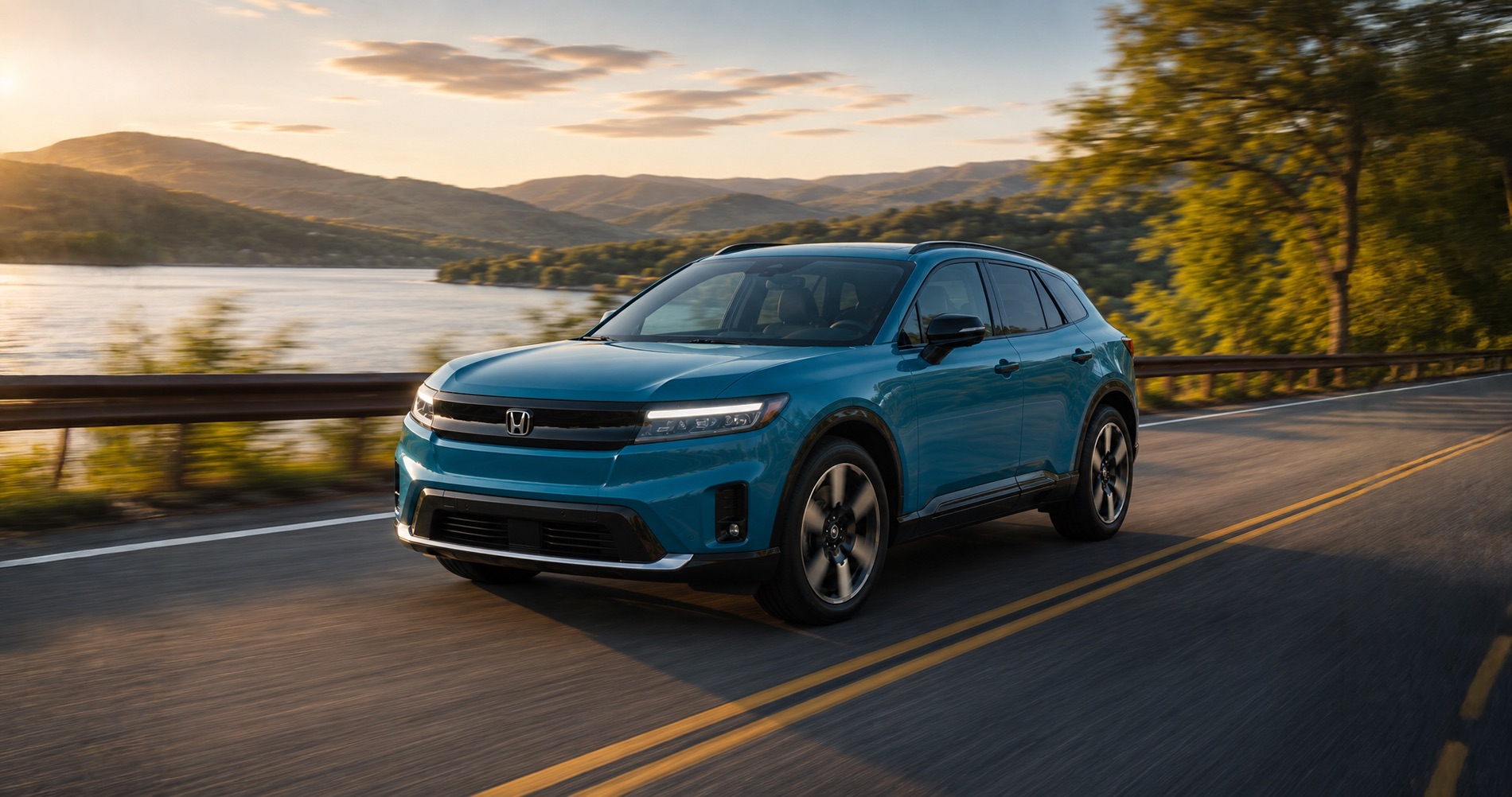 2026 Honda Prologue driving along a scenic lakeside highway at sunset, featuring a blue exterior, modern LED lighting, aerodynamic EV styling, and rolling hills in the background.