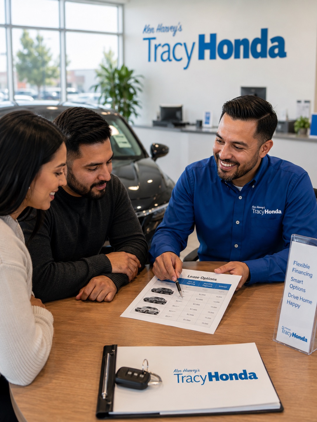 Tracy Honda finance specialist reviewing Honda lease and financing options with shoppers inside a modern dealership showroom.