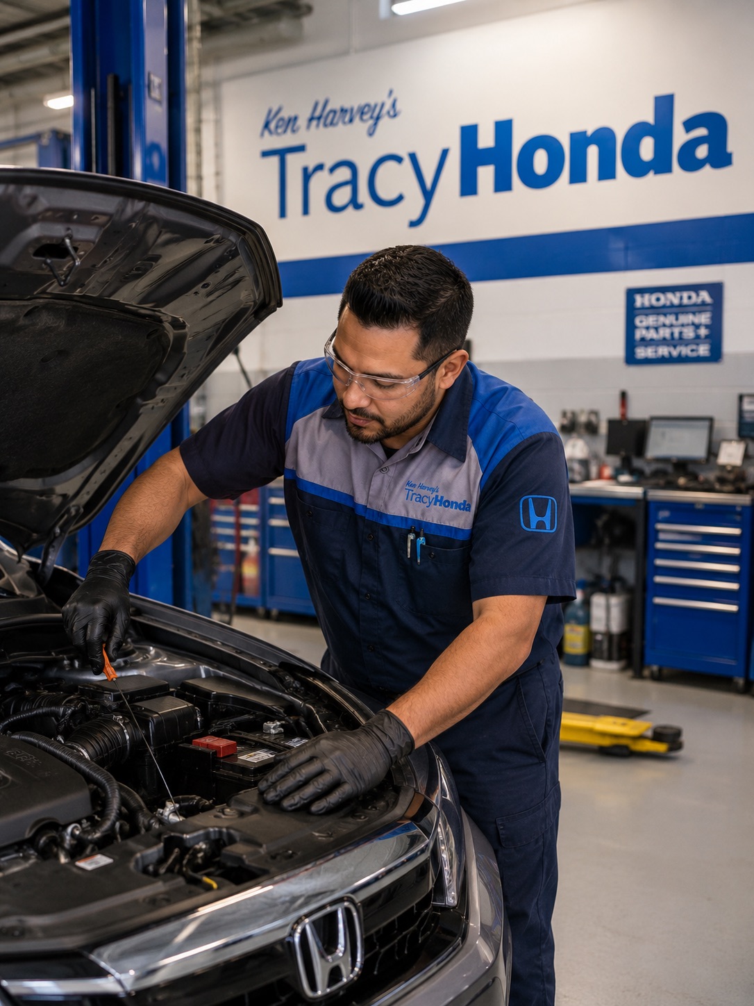 Honda service technician working on a Honda vehicle inside a clean Tracy Honda service bay using Genuine Honda maintenance procedures.