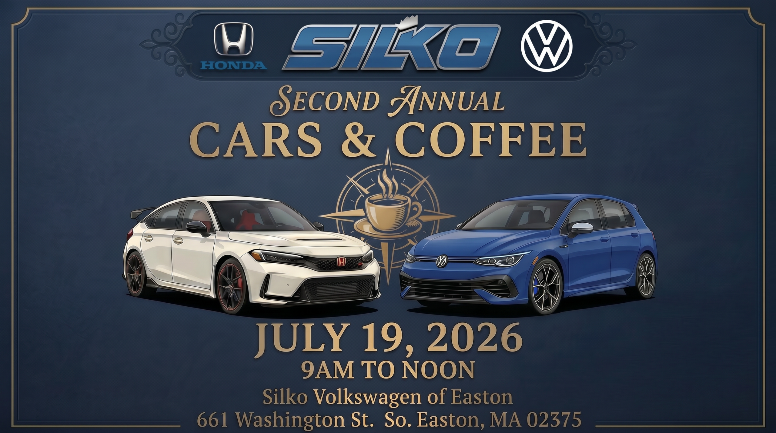 Silko Auto Group Cars & Coffee event flyer featuring Honda and Volkswagen vehicles, July 19, 2026 event details, location, and registration contact information.