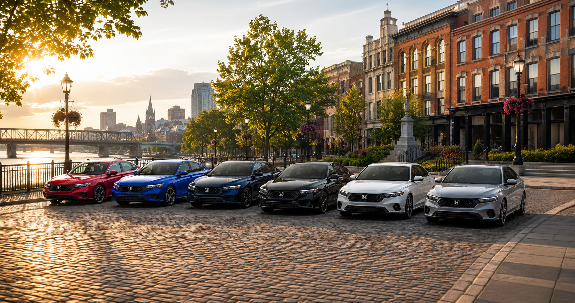 Six 2026 Honda Accord sedans in red, blue, dark blue, black, and silver parked side by side on a cobblestone street along the Hudson River in downtown Troy, New York, with historic brick buildings, lampposts, and trees illuminated by warm sunrise light, showcasing the full range of Accord trim levels.
