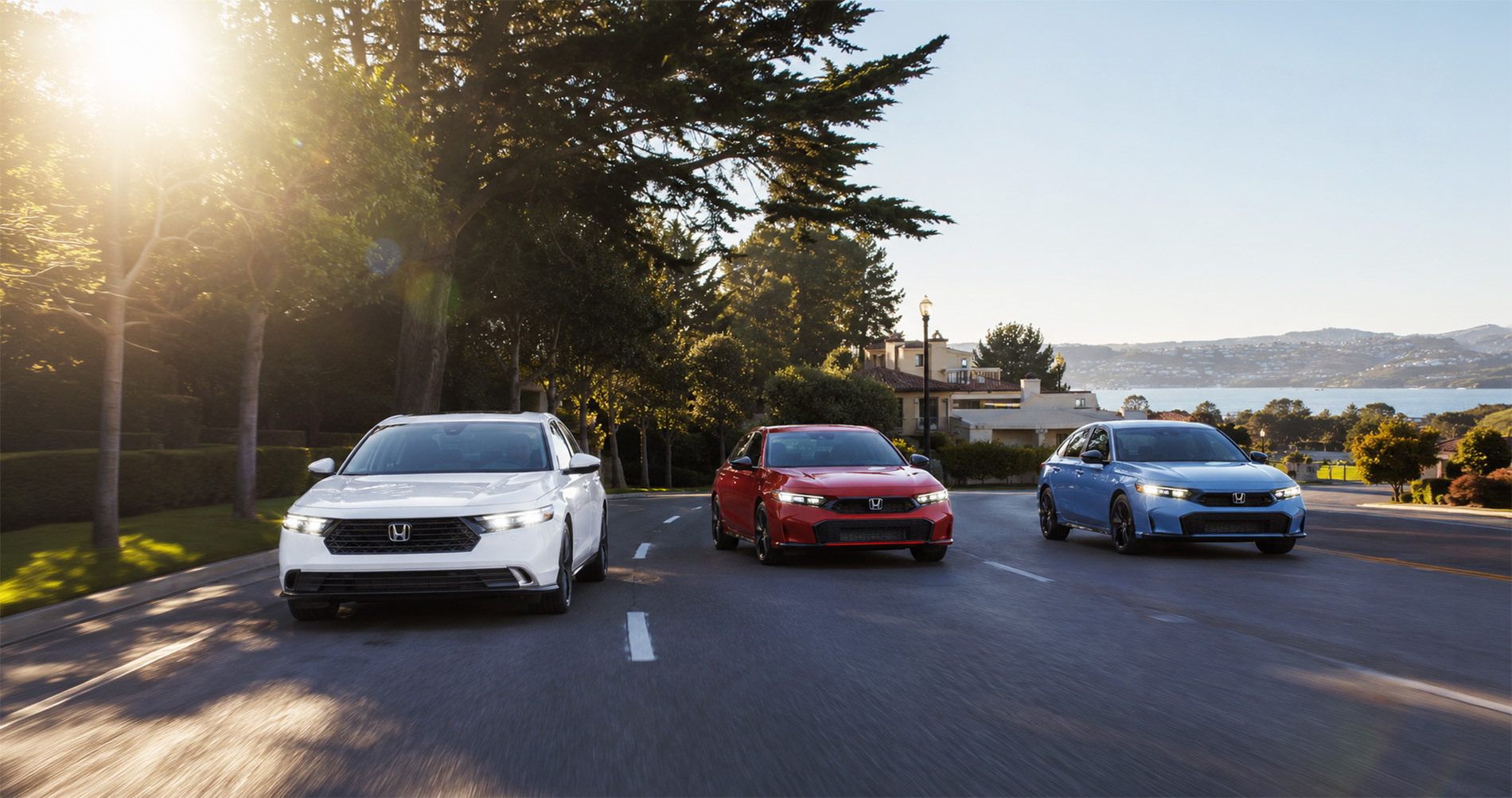 Three 2026 Honda sedans—a white Accord, a red Civic, and a blue Civic—drive side by side on a tree-lined suburban road in Tracy, California, with sunlight streaming through the branches and a view of hills and water in the background, highlighting the design differences between the Accord and Civic models.
