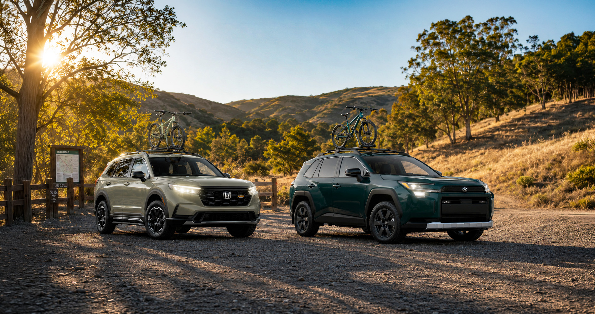 A light green 2026 Honda CR-V and a dark green 2026 Toyota RAV4 parked side by side near a trailhead in El Cerrito, California, each equipped with roof-mounted bicycles, surrounded by trees and rolling hills under warm evening sunlight, highlighting their outdoor-ready utility and weekend adventure appeal.