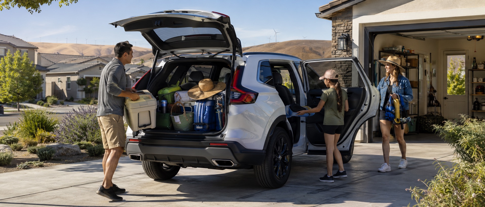 2026 Honda CR-V being packed with coolers, outdoor gear, and day-trip supplies in a Tracy, CA driveway with golden hills and wind turbines in the background.