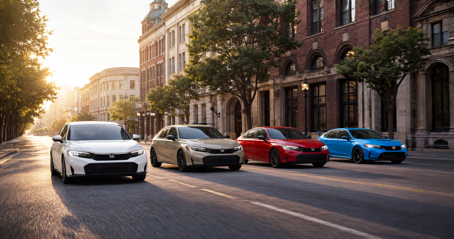 Four 2026 Honda Civic sedans in white, beige, red, and blue driving side by side down a wide tree-lined street in downtown Troy, New York, with historic brick buildings, lampposts, and warm sunlight highlighting the design differences between Civic trim levels.