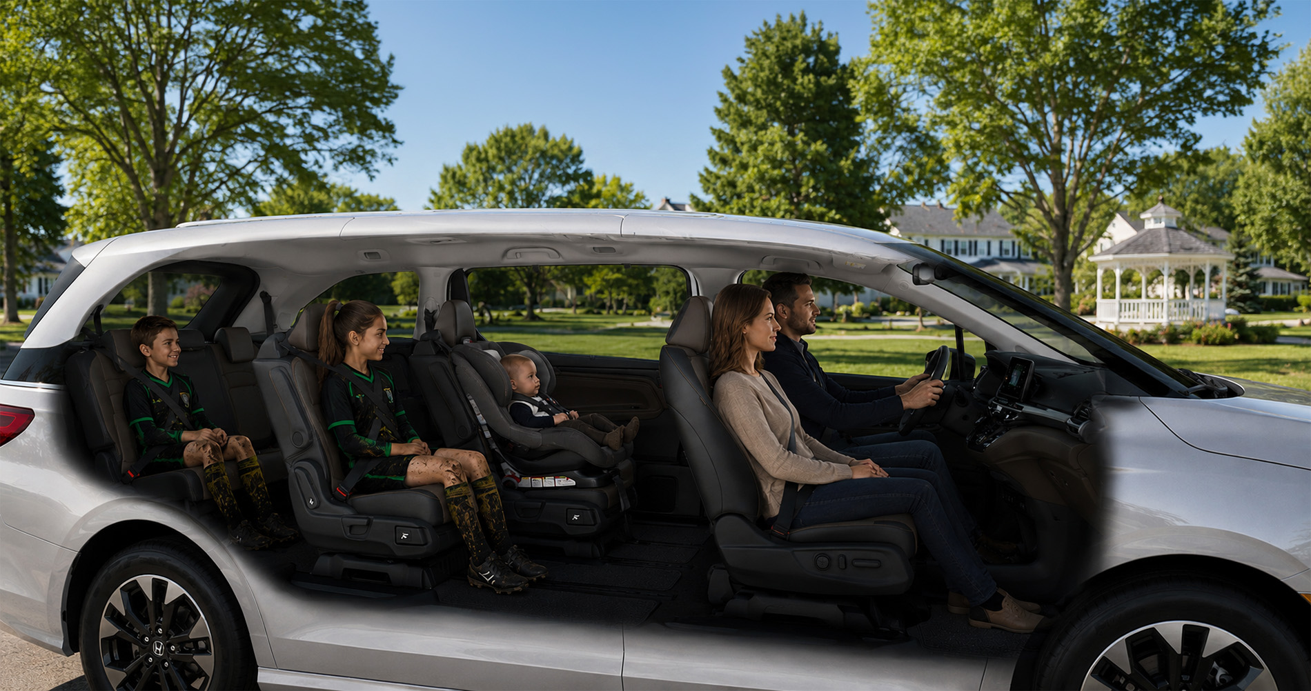 A silver Odyssey with a family of five inside near a gazebo, illustrating spacious, family-friendly versatility.