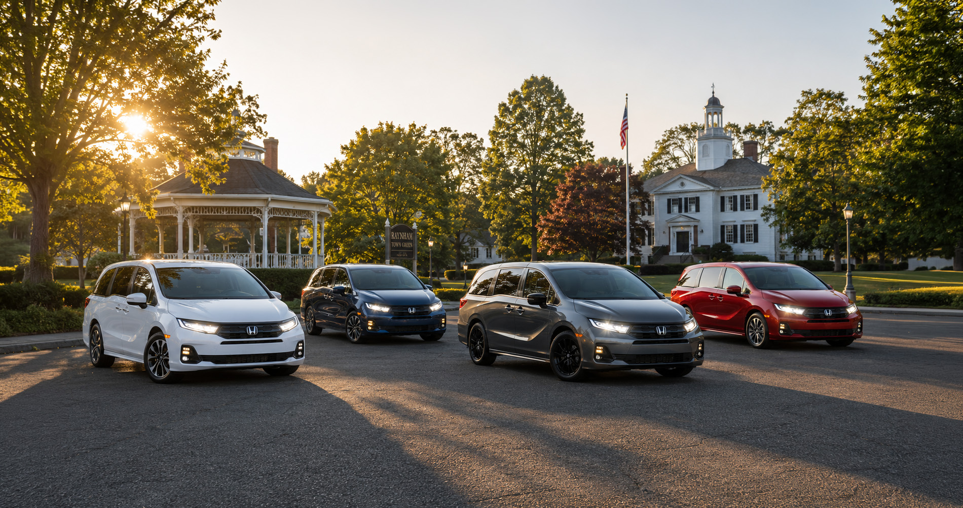 Four Odyssey minivans in white, blue, gray, and red parked at Raynham Town Green, showcasing the full trim range under warm morning light.
