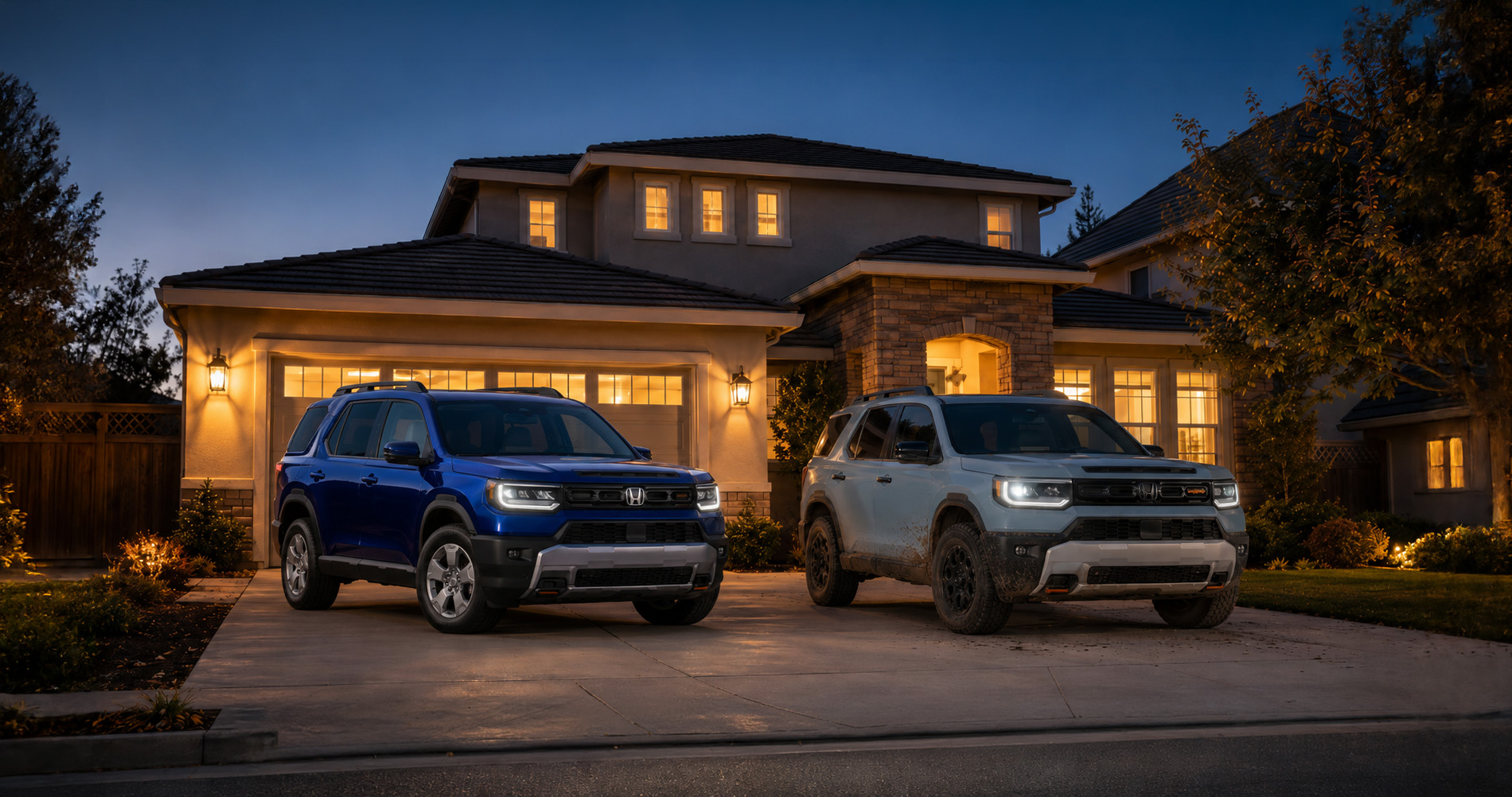 Two 2026 Honda Passport SUVs—a clean blue Elite and a mud-splattered light gray TrailSport—parked side by side in the driveway of a modern two-story home at dusk in Pittsburg, California, with warm house lights illuminating the exterior, showcasing the Passport’s versatility for both adventure and everyday life.