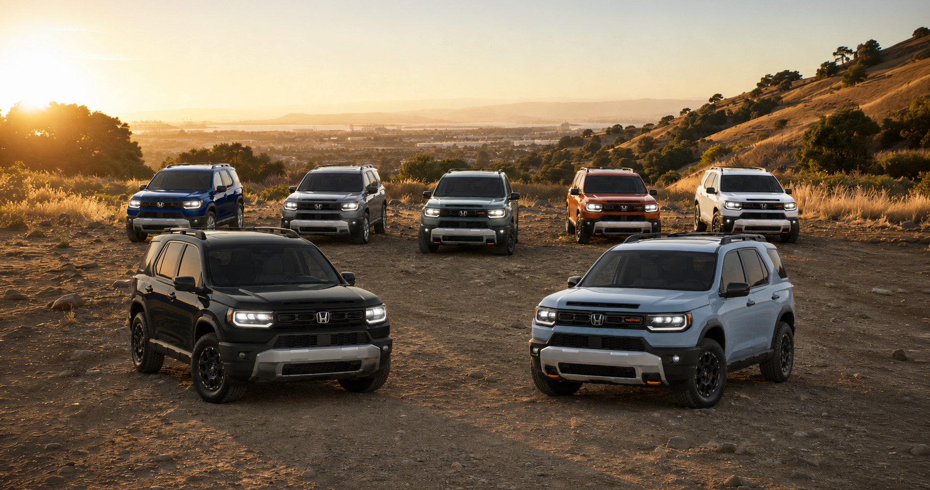 Seven 2026 Honda Passport SUVs in black, blue, green, orange, silver, and light blue parked side by side on a rugged hillside near Pittsburg, California, with the city skyline and bay visible in the distance under a golden sunset sky, showcasing the full range of Passport trim levels and color options.