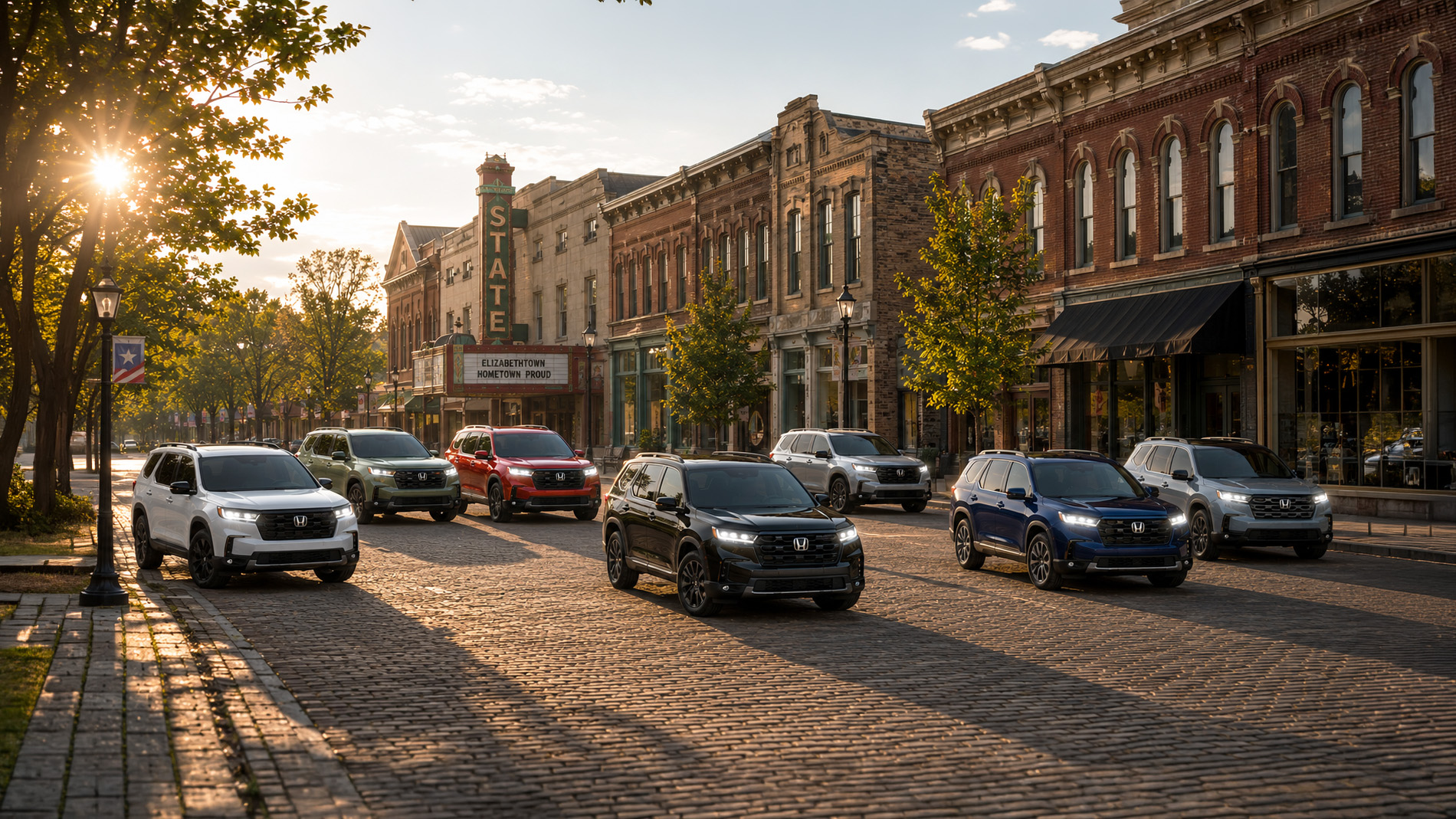 Seven 2026 Honda Pilot SUVs in white, black, blue, red, silver, and green drive along a brick-lined street in downtown Elizabethtown, Kentucky, with historic storefronts and the State Theater marquee visible in the background, highlighting the range of Pilot trim levels.