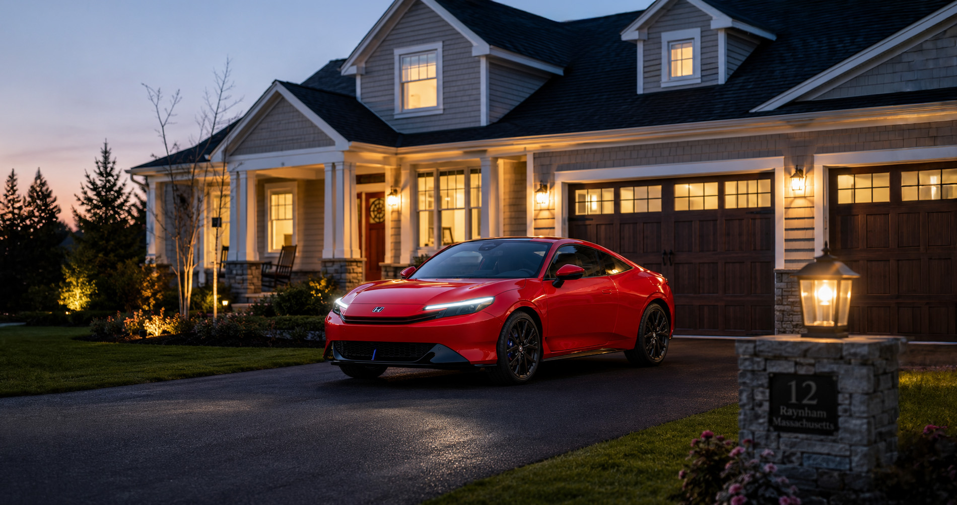 A red 2026 Honda Prelude parked in a suburban driveway at dusk in Raynham, Massachusetts.