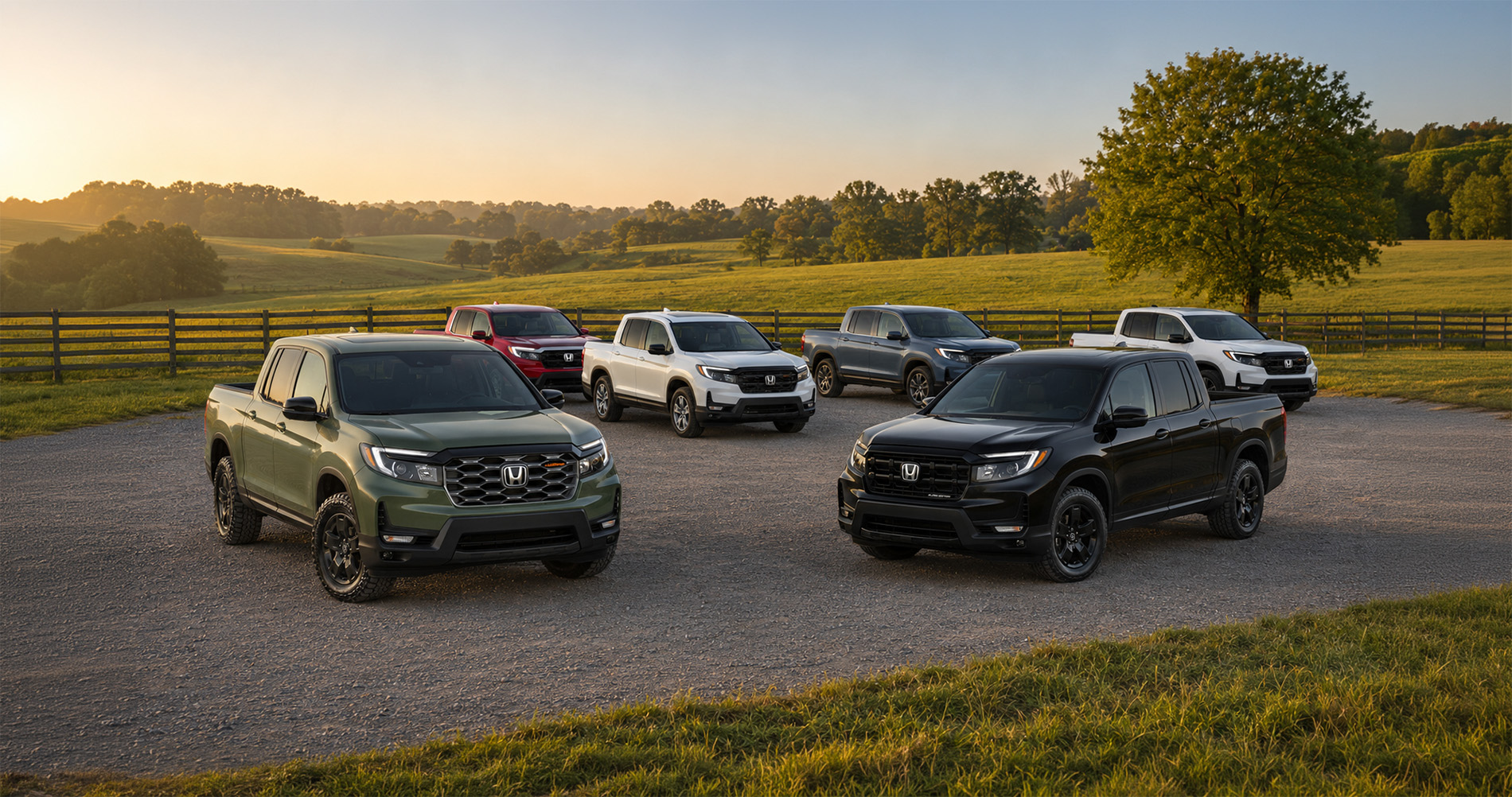 2026 Honda Ridgeline trucks in multiple trim levels parked in a scenic area in Central Kentucky.