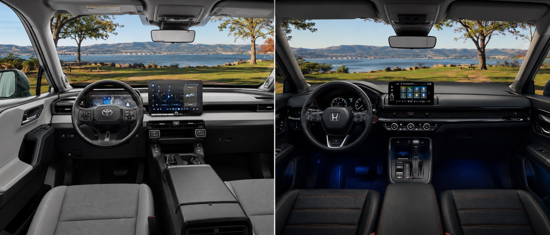 Side-by-side view of the 2026 Toyota RAV4 and 2026 Honda CR-V interiors parked near a lakeside park in El Cerrito, California, showing both dashboards and steering wheels with scenic water and hills in the background. The Toyota cabin features a large vertical touchscreen and angular design, while the Honda interior highlights a horizontal display, circular climate controls, and blue ambient lighting.