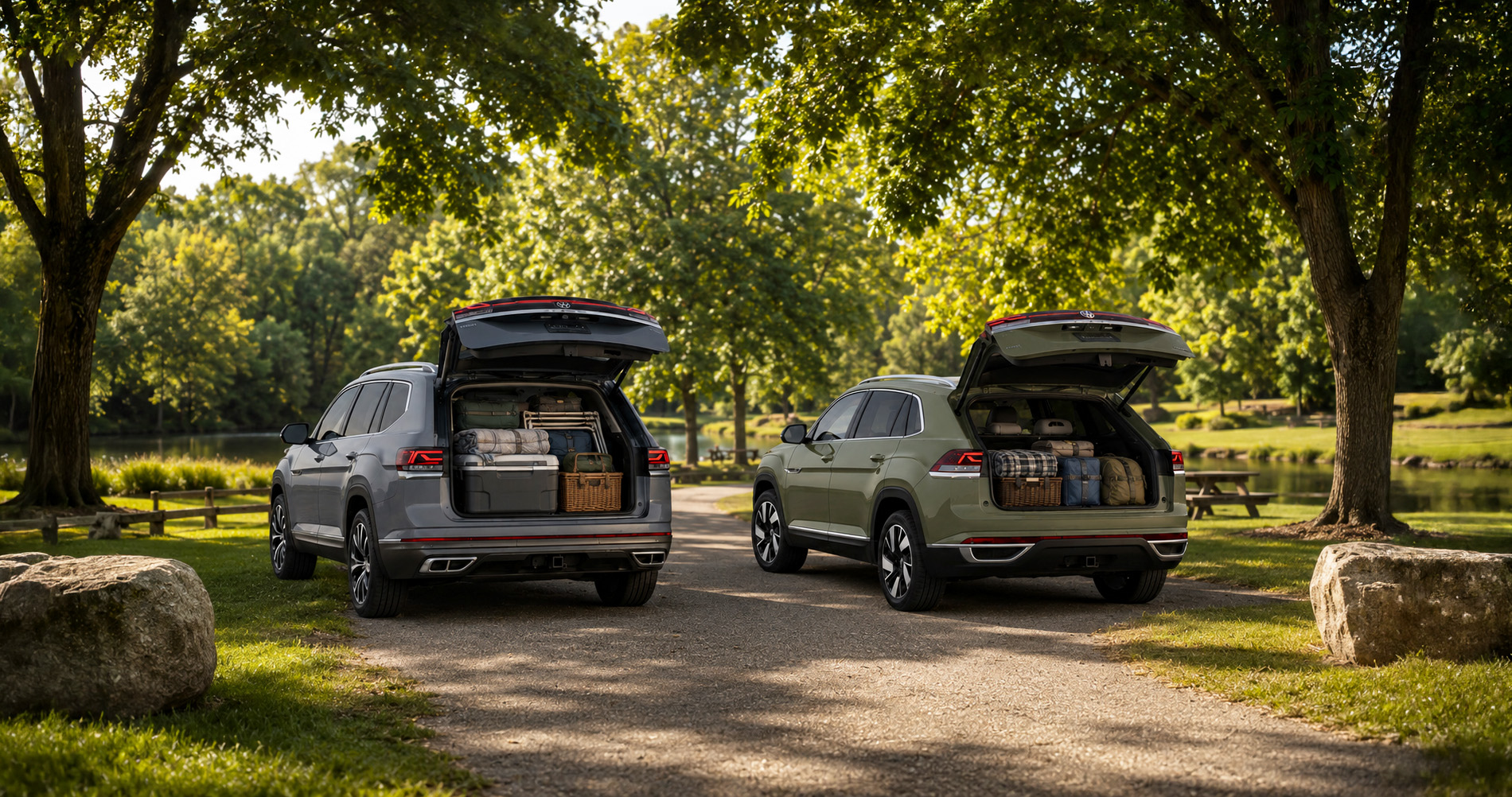 Two Volkswagen SUVs parked side by side under tall trees near a lakeside park in Easton, Massachusetts, with their rear hatches open revealing packed cargo areas.