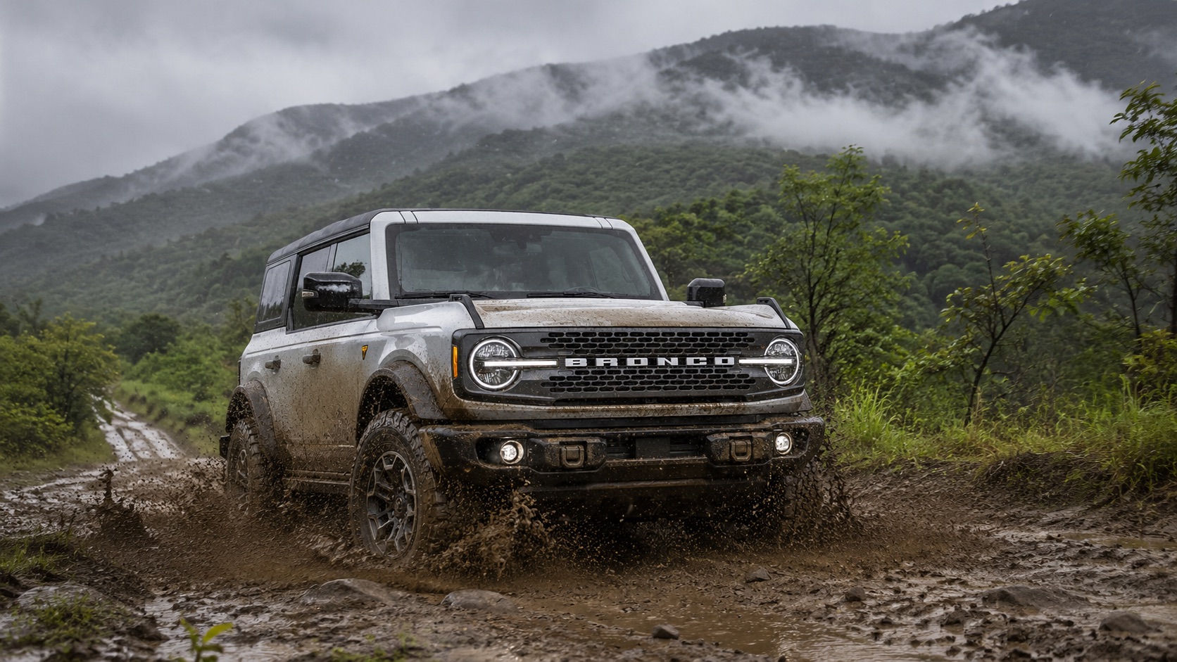 2026 Ford Bronco Badlands driving through a muddy puddle on a rainy trail in the West Virginia mountains with low clouds over the Appalachian hills.