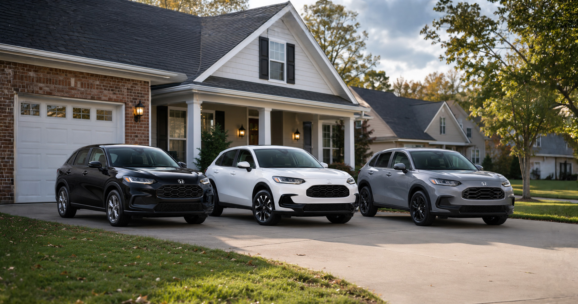Three 2027 Honda HR-V SUVs in black, white, and gray parked side by side in the driveway of a suburban home at dusk in Elizabethtown, Kentucky.