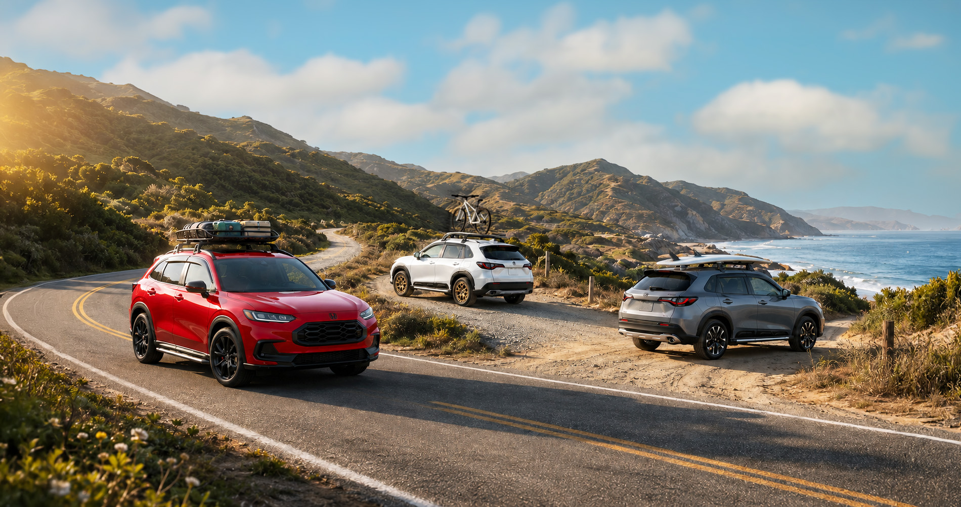     2027 Honda HR-V models with accessories on a scenic Northern California road.