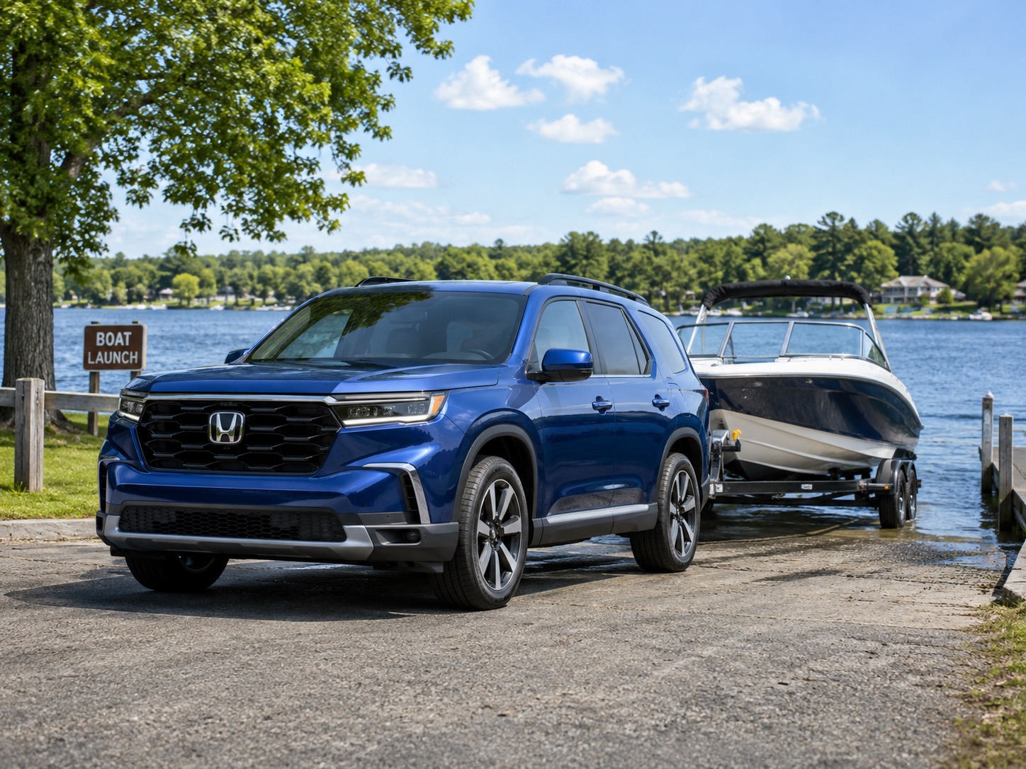 Blue 2026 Honda Pilot towing a boat at a southeastern Massachusetts lake launch