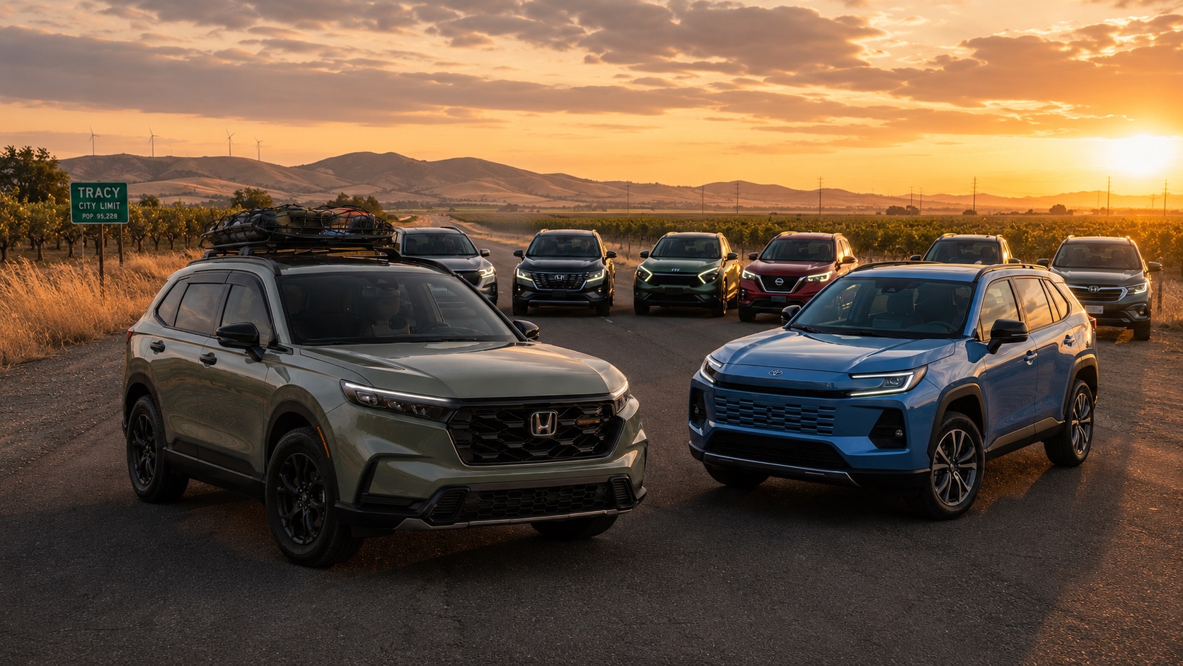 Lineup of compact SUVs on a rural road near Tracy, California, with a Honda CR-V in front beside a Toyota RAV4 and other RAV4 alternatives at sunset