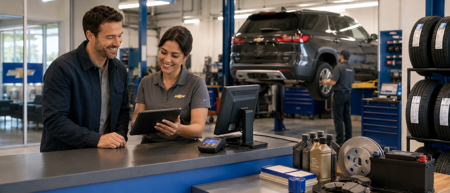 Customer and Chevrolet service advisor reviewing common maintenance savings with tires, oil, brakes, filters, and battery service in the dealership service center