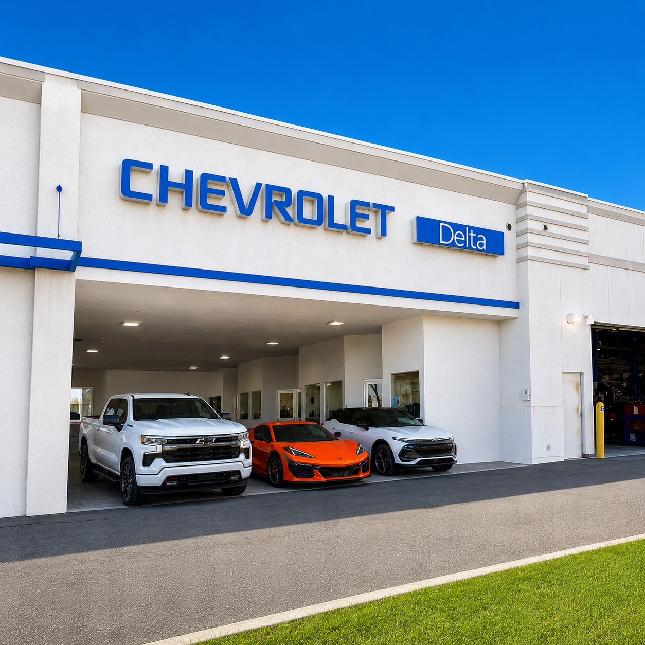 Delta Chevrolet service drive in Pittsburg, CA with Chevrolet vehicles parked outside the dealership