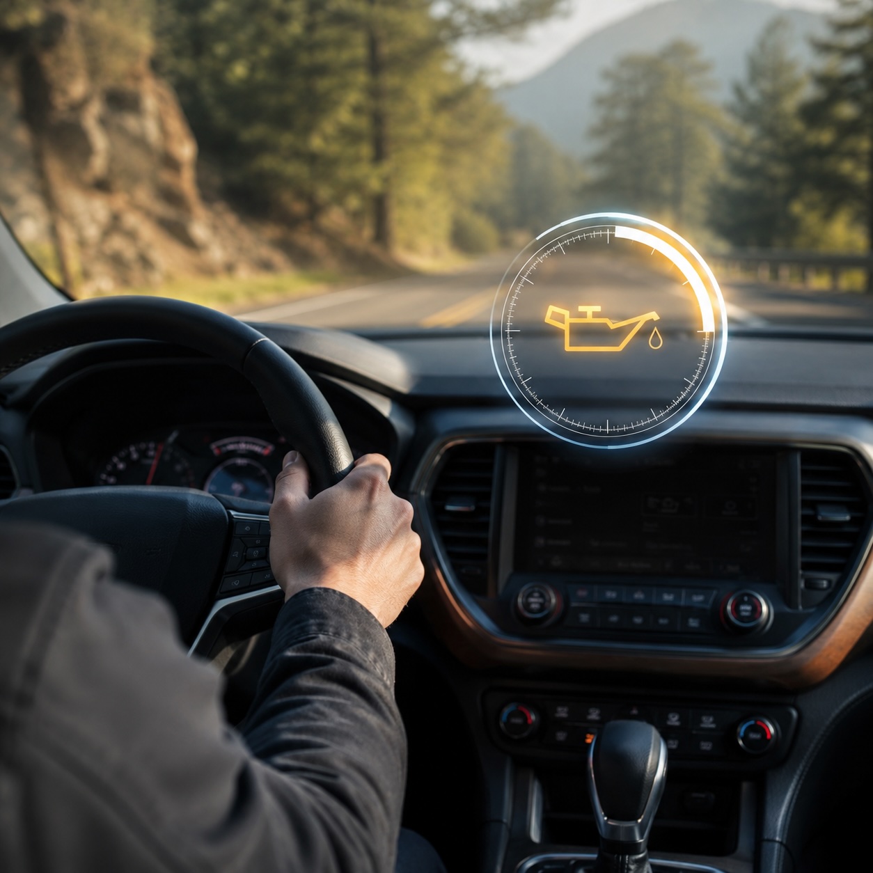 Driver viewing an oil life reminder while driving on a scenic road