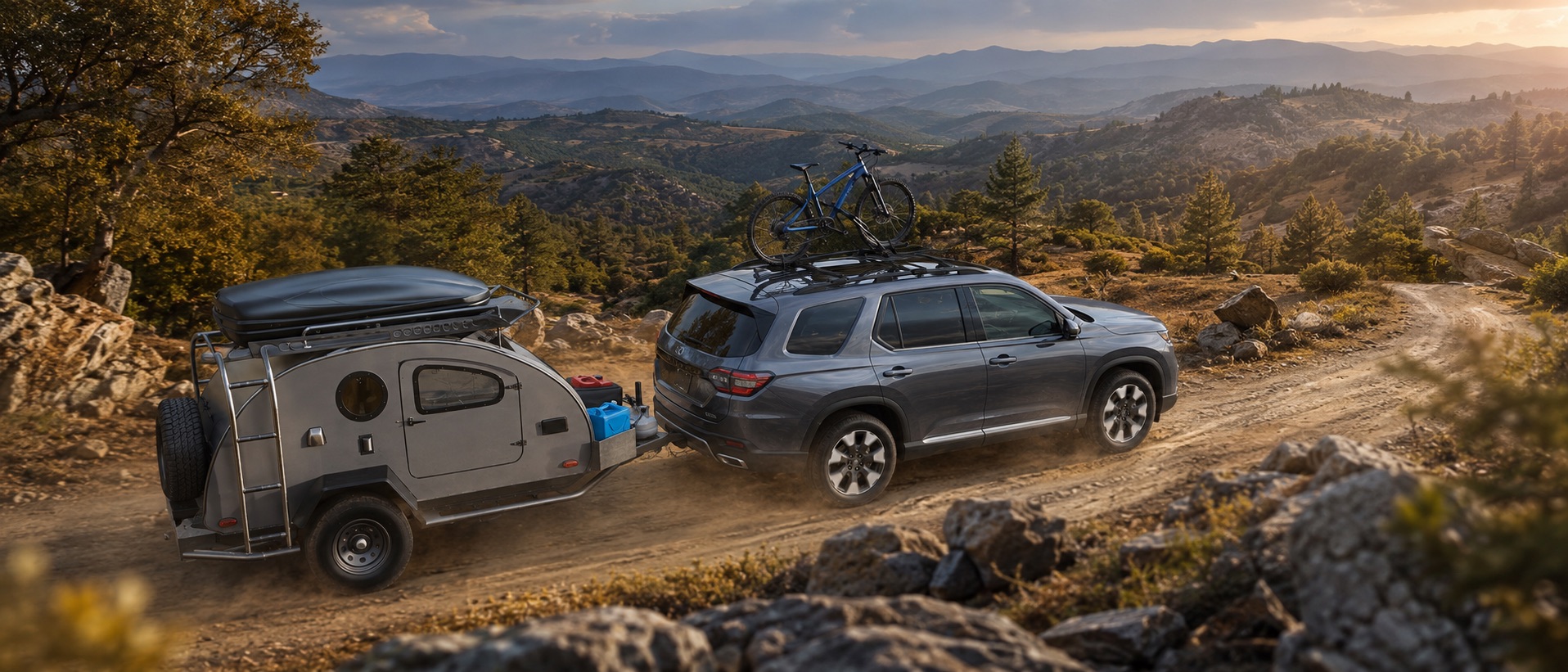 Gray Honda Pilot towing a teardrop camper with a roof-mounted bike through the Sierra foothills on a scenic dirt road.