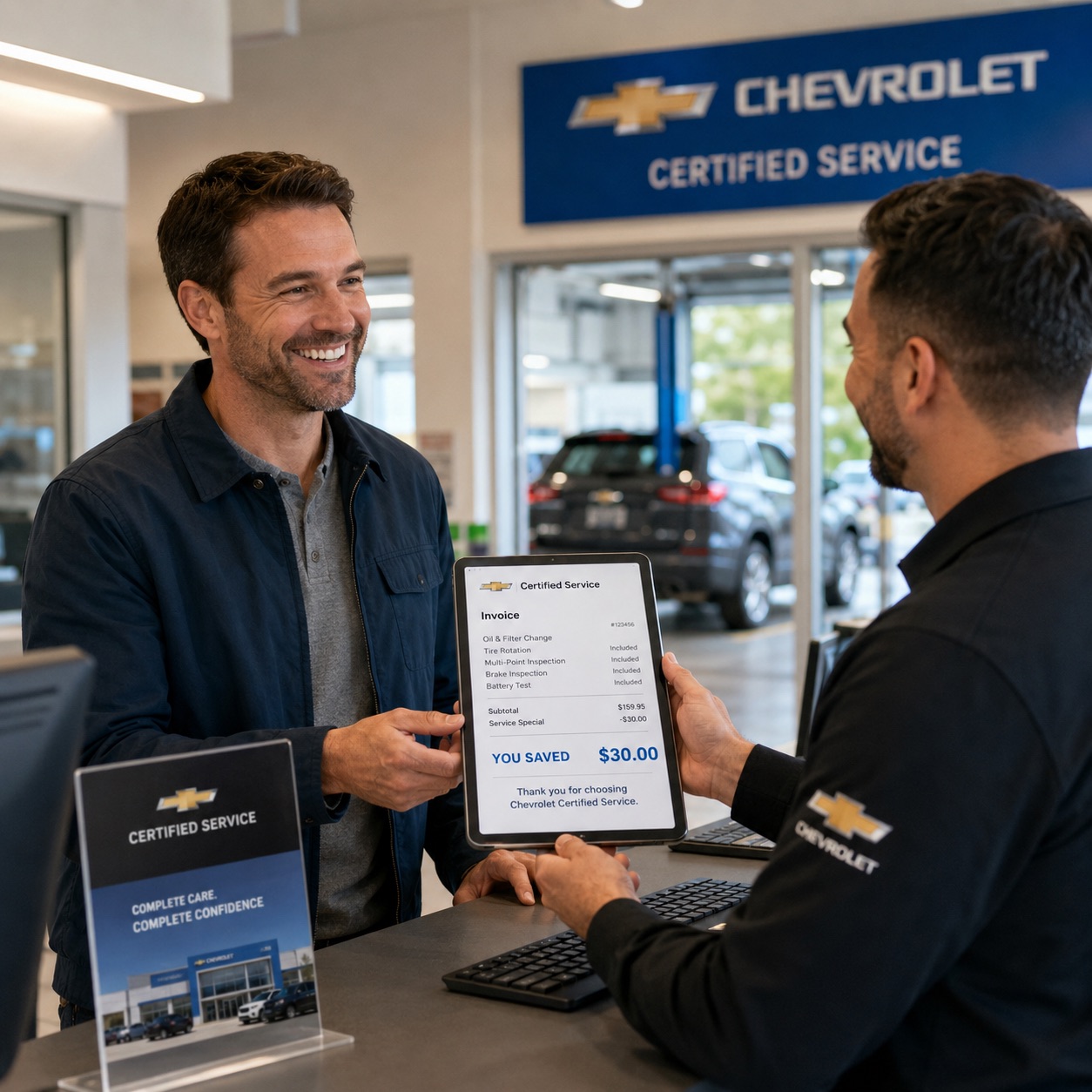 Happy customer reviewing Chevrolet Certified Service savings with a service advisor at the dealership checkout counter