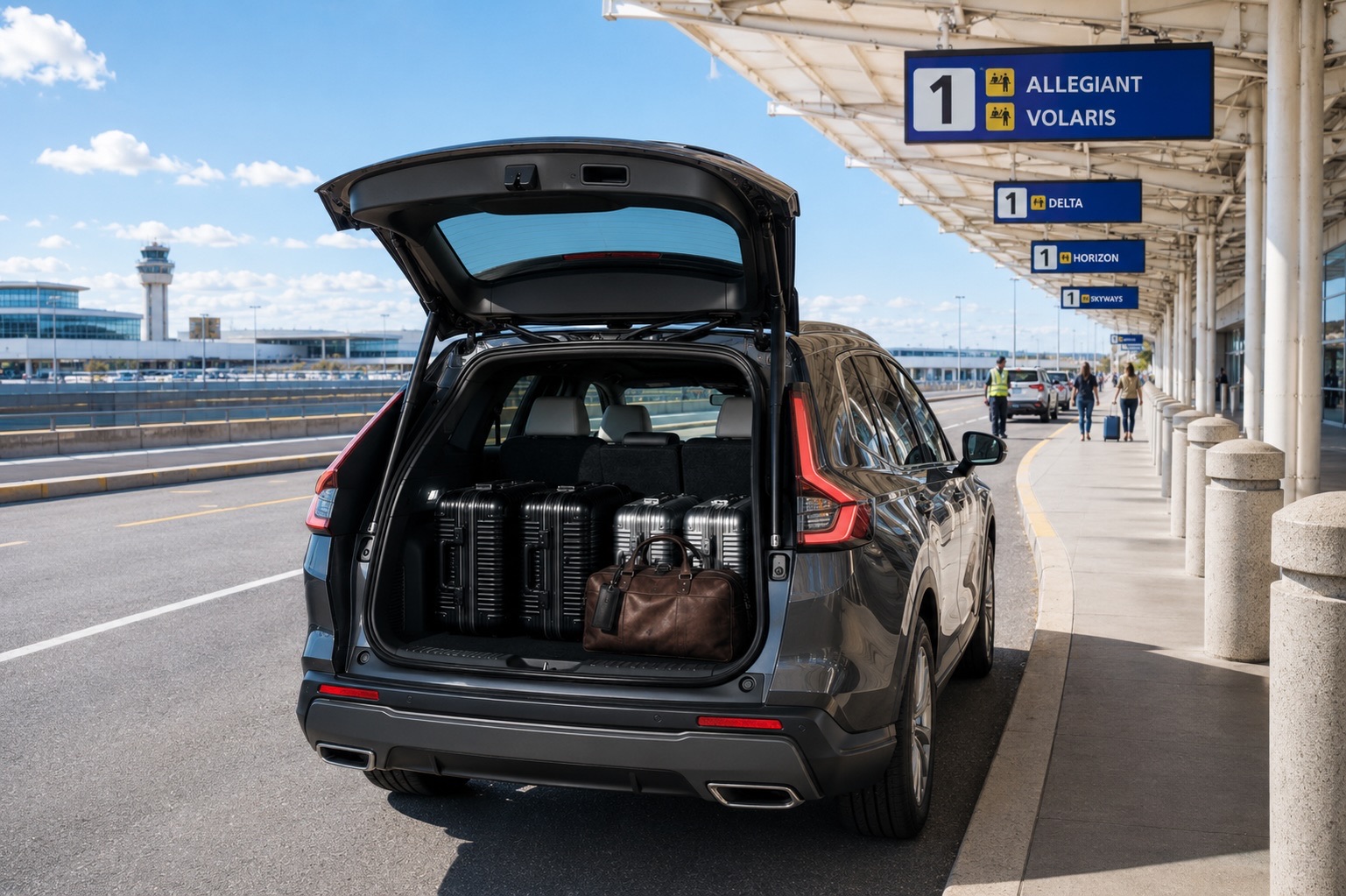 Honda CR-V full of luggage at the Oakland airport terminal curbside pickup area with blue overhead signs showing Gate 1 for Allegiant, Volaris, and Delta, as vehicles pull up along the passenger drop-off lane beneath a covered walkway.
