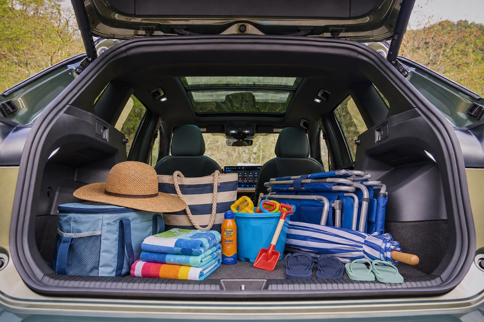 Open rear cargo area of a Volkswagen Tiguan packed with family beach gear, including towels, cooler, beach chairs, umbrella, tote bag, sunscreen, sand toys, and flip-flops.