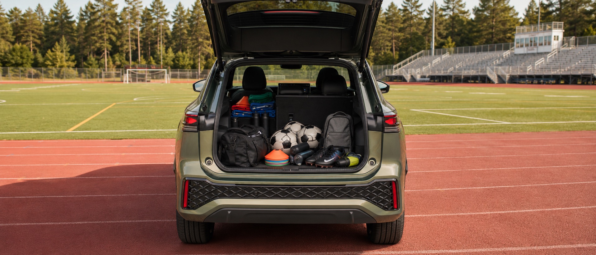 Rear view of a Volkswagen Tiguan with the liftgate open at a soccer field, showing the cargo area packed with soccer balls, cleats, cones, bags, water bottles, and gear on the folded rear seat