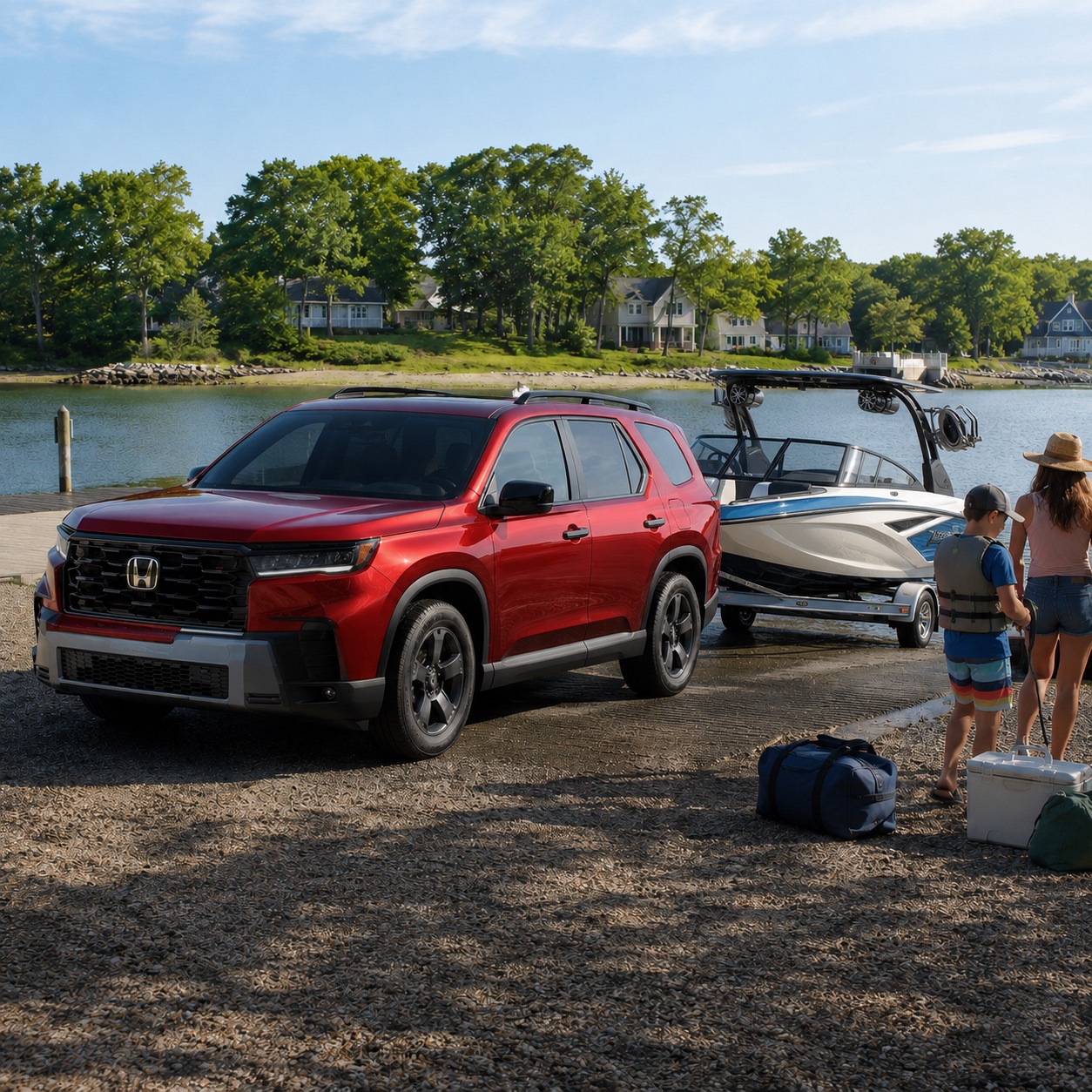 Red 2026 Honda Pilot towing a wakeboard boat at a southeastern Massachusetts lake launch