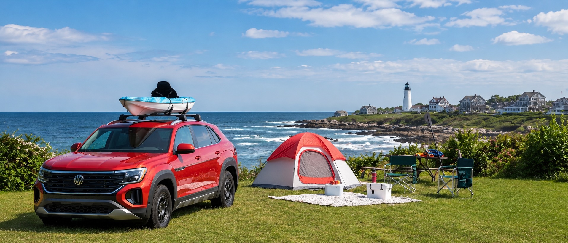 Red Volkswagen SUV with a roof-mounted kayak beside coastal camping gear on the Massachusetts shore.