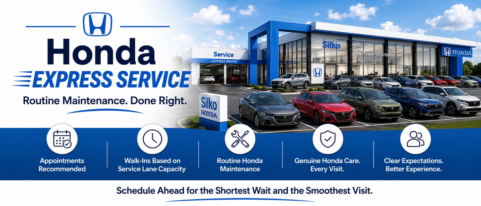 Silko Honda dealership exterior with Honda Express Service messaging for routine maintenance support in Raynham, Massachusetts.