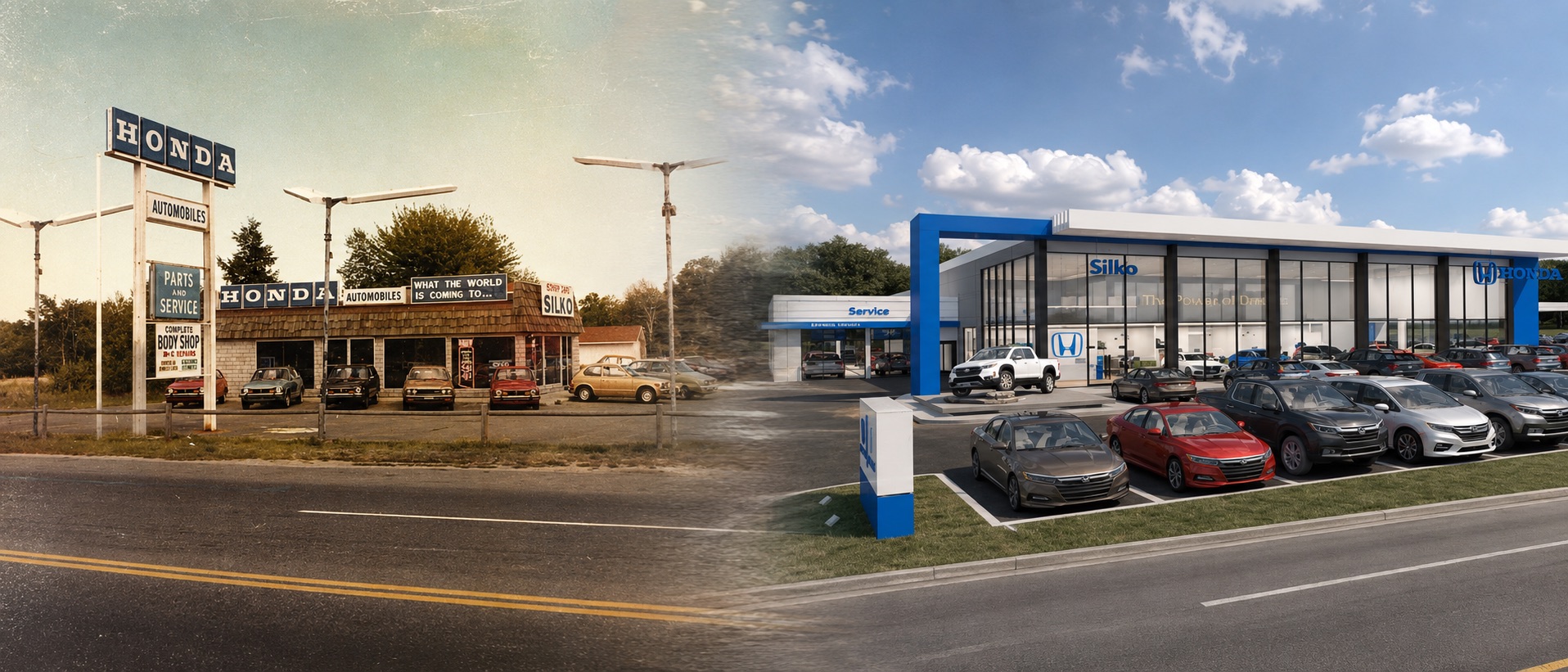 Historic Silko Honda dealership photo transitioning into the modern Silko Honda showroom to show the dealership’s growth since 1974.