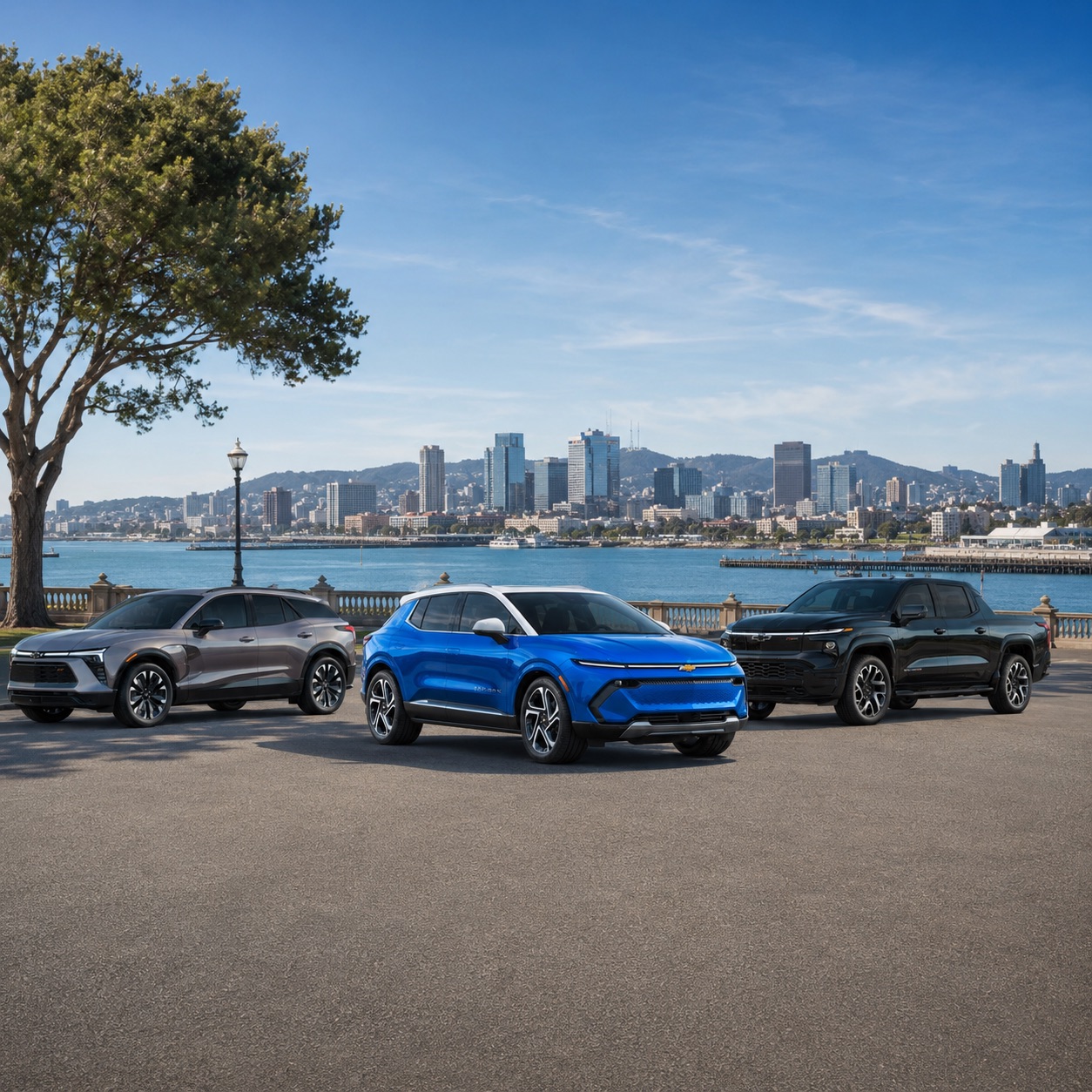 Three Chevrolet vehicles parked along the East Bay waterfront with the Oakland skyline and bay in the background