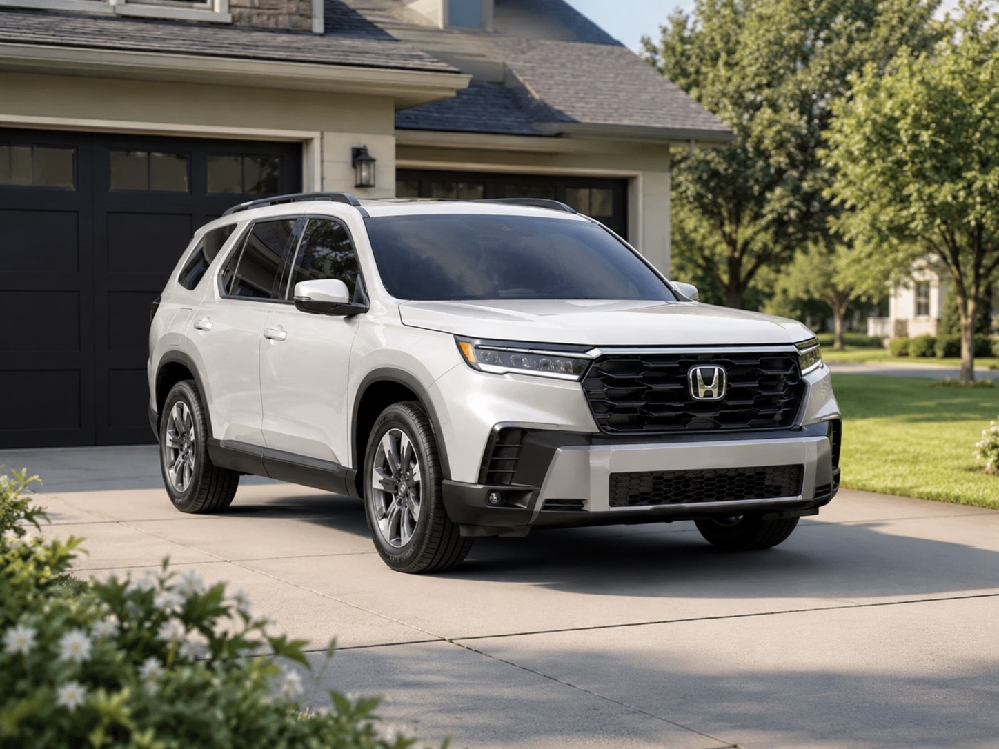 White 2026 Honda Pilot parked in a home driveway in Raynham Massachusetts