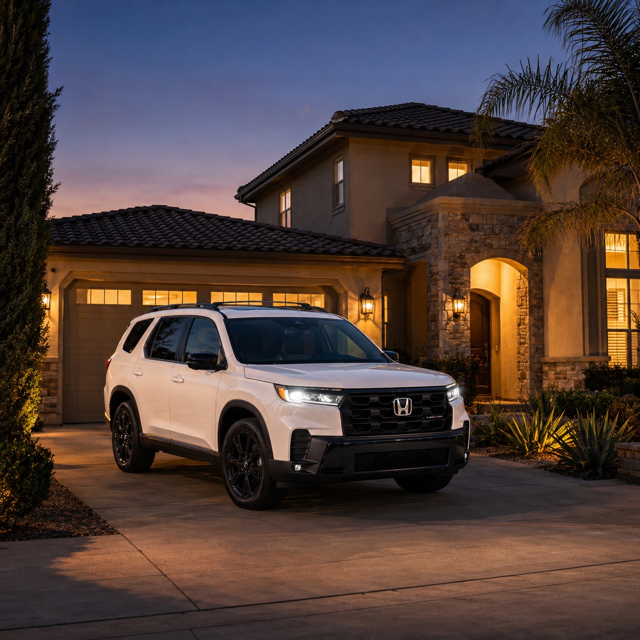 White 2026 Honda Pilot parked in the driveway of a Tracy California suburban home at twilight