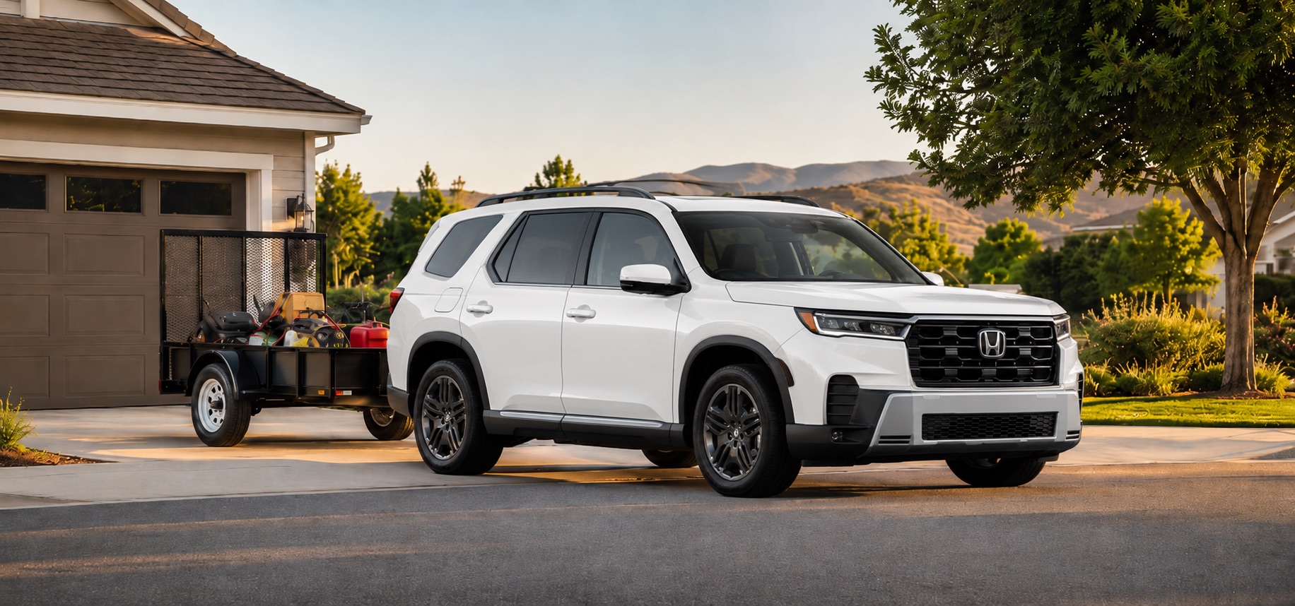white 2026 Honda Pilot towing a small utility trailer in a Tracy California driveway