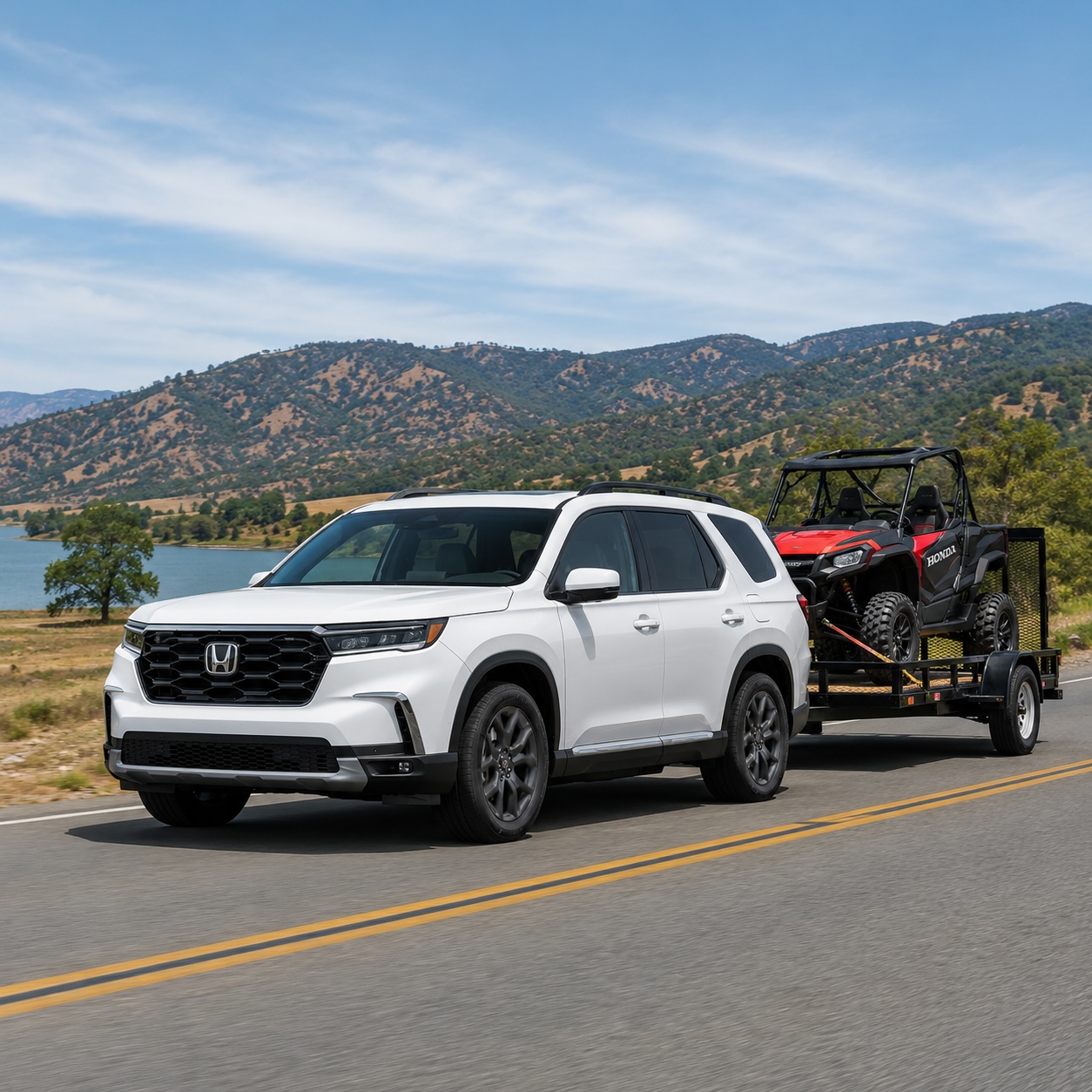 White Honda Pilot towing a flatbed trailer with a Honda side-by-side along a lake road with rolling hills in the background.