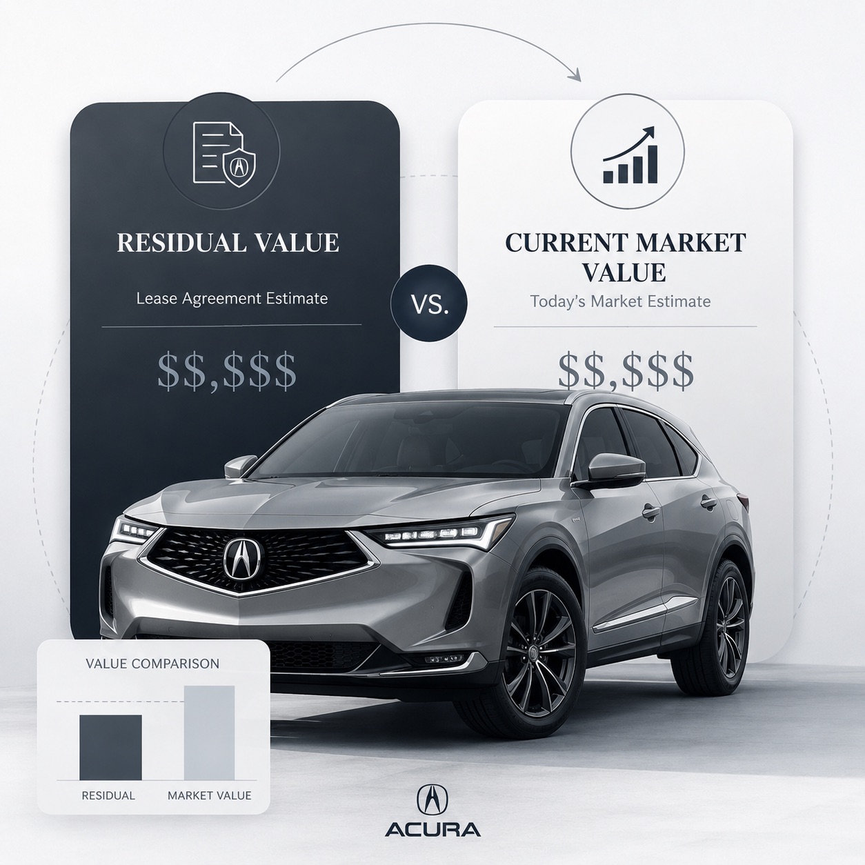 Stylized Acura value comparison graphic showing residual value versus current market value for a lease buyout decision