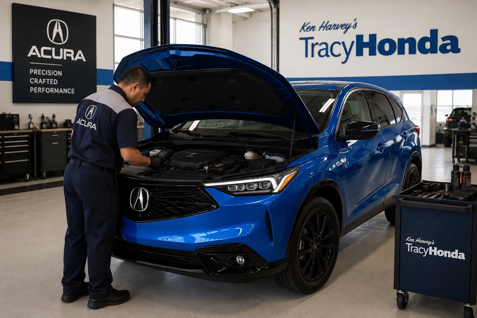 Acura technician inspecting a blue Acura SUV in a Tracy Honda service bay near Pleasanton
