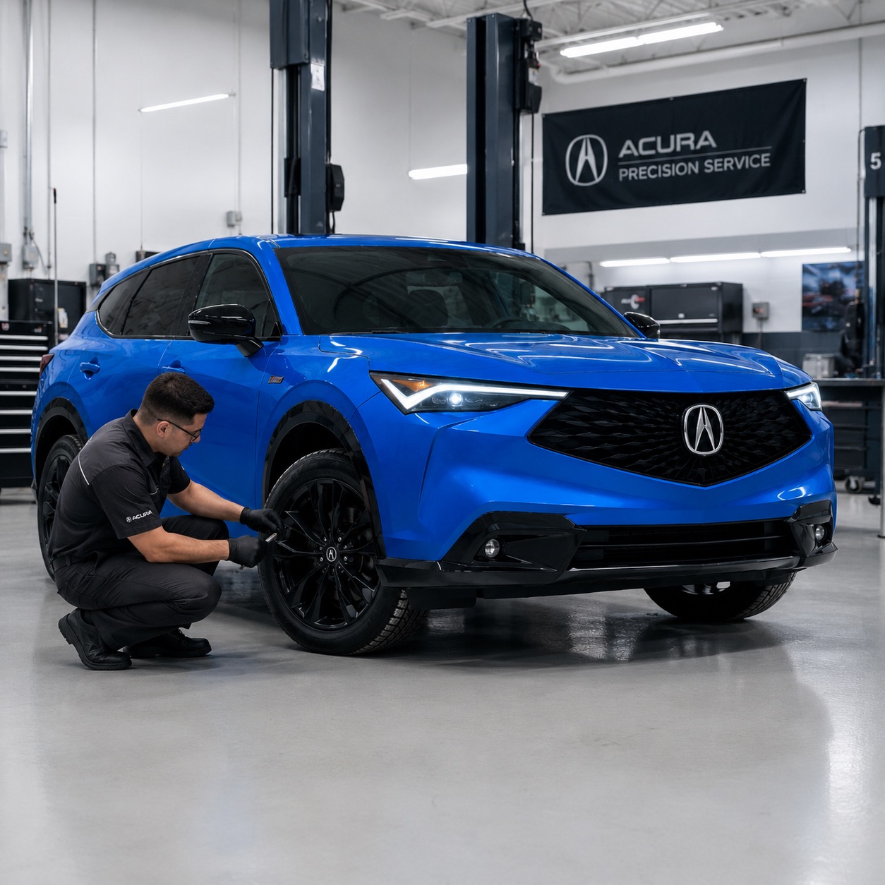 Blue Acura SUV receiving service from an Acura technician in a Tracy Honda service bay near Pleasanton and the East Bay