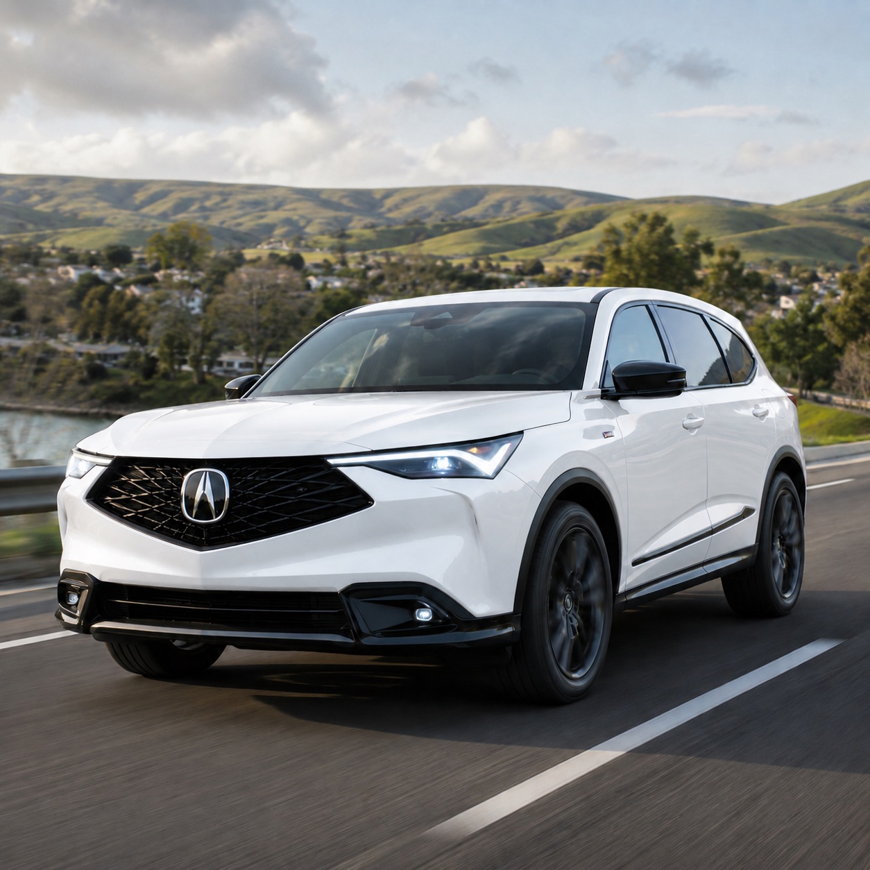 White Acura ADX driving through the East Bay hills near Pleasanton
